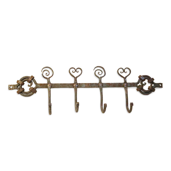 Wrought Iron 4 Hook with Heart Spiral detail