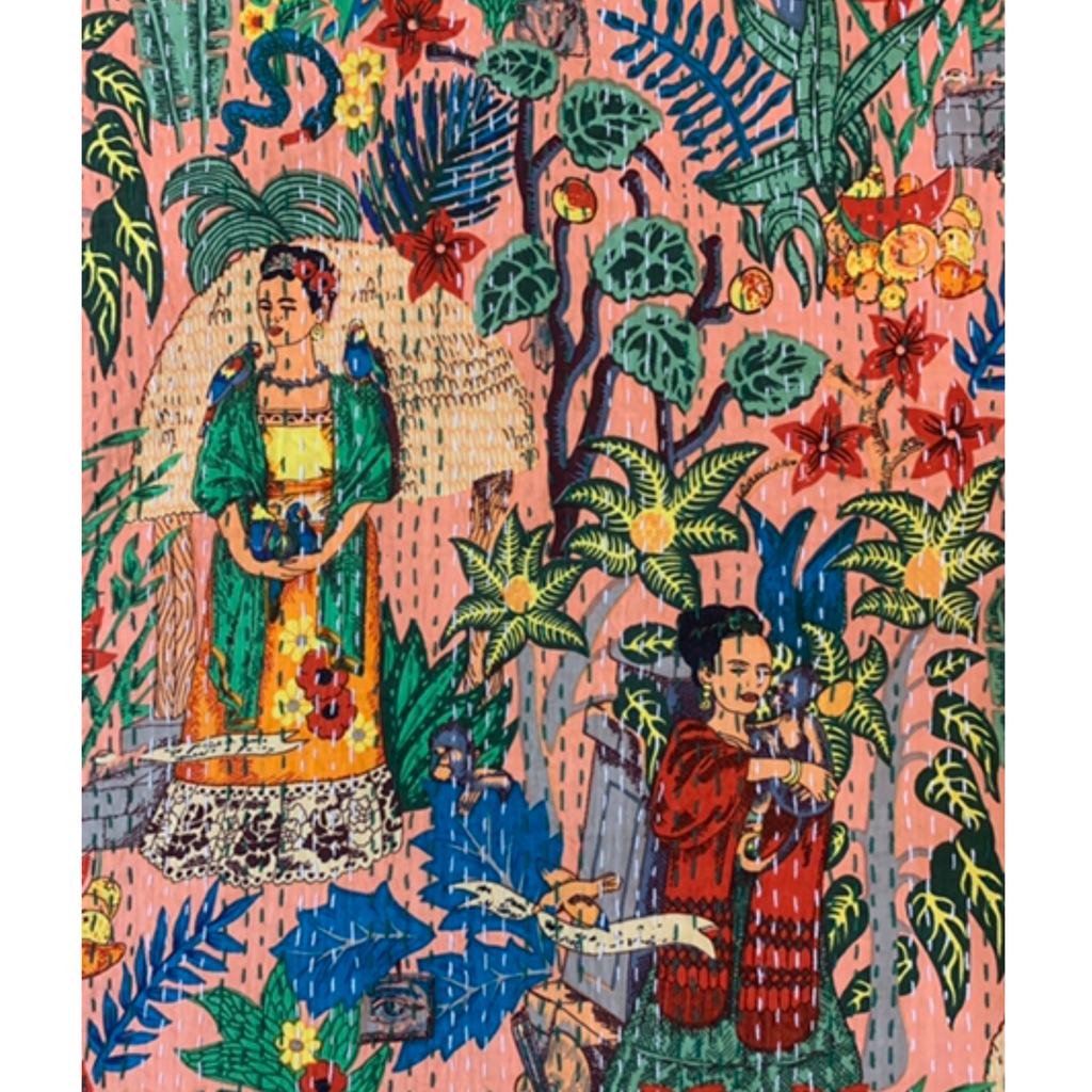 'Frida in the Jungle' Kantha Quilt Q-K size  - Peach Dream