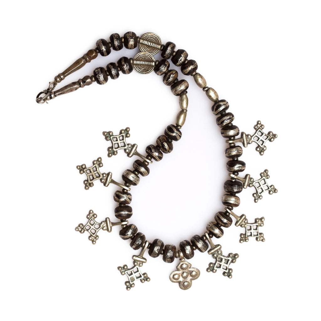 Mauritanian Tribal Cross and Ebony Silver Wire Inlayed Bead Necklace
