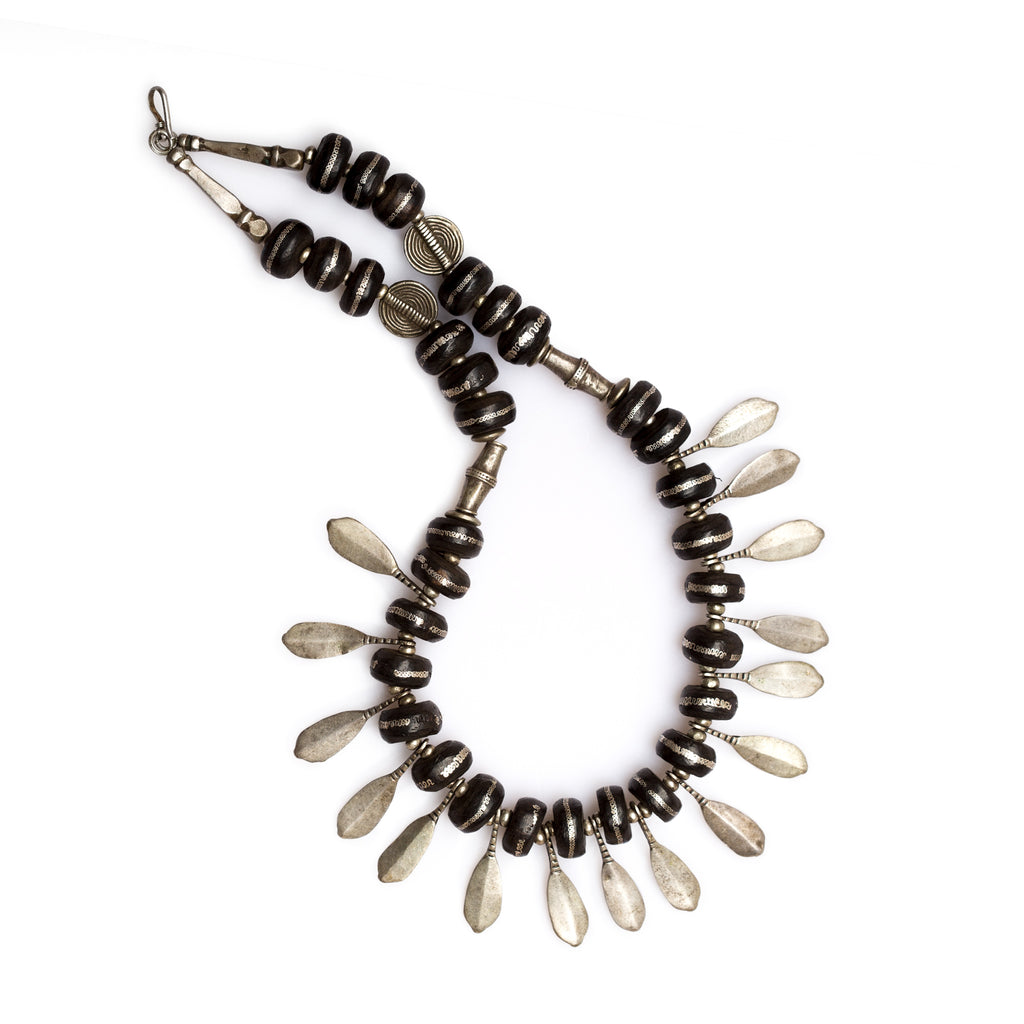Mauritanian Ebony and Silver Wire Inlayed Tribal Necklace