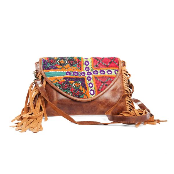 'Chada' Leather and Banjara purse - Calendula