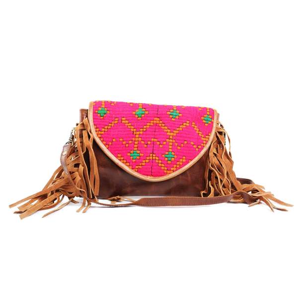 'Chada' Leather and Banjara purse -Dragonfruit